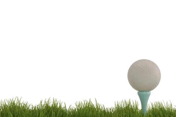 在白色的背景上 一个白色的高尔夫球在一个球在草地上隔离 — 图库照片