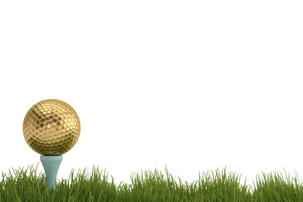 Gyllene Golfboll Tee Gräs Isolerad Vit Bakgrund Illustration — Stockfoto