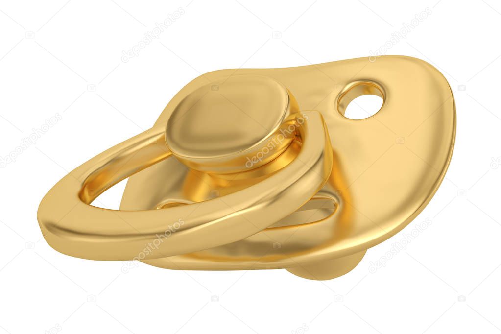 Gold pacifier isolated on white background 3D illustration
