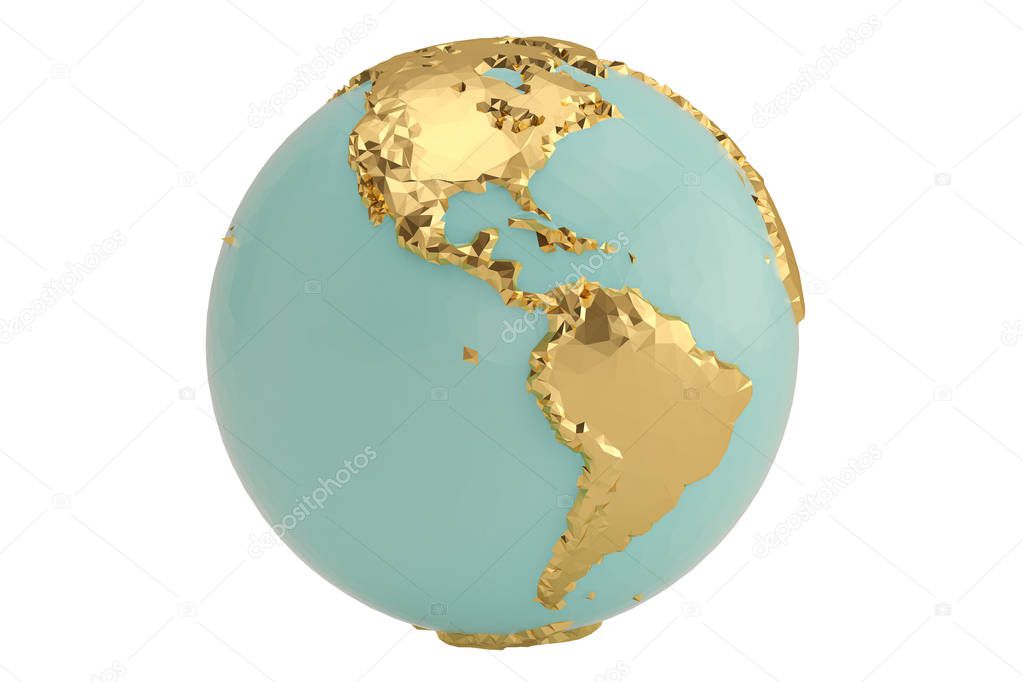 Low poly gold globe isolated on white background 3D illustration.