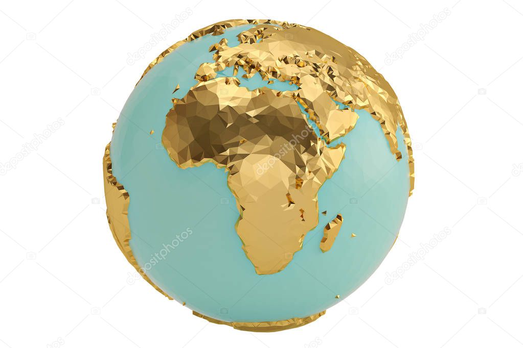 Low poly gold globe isolated on white background 3D illustration.