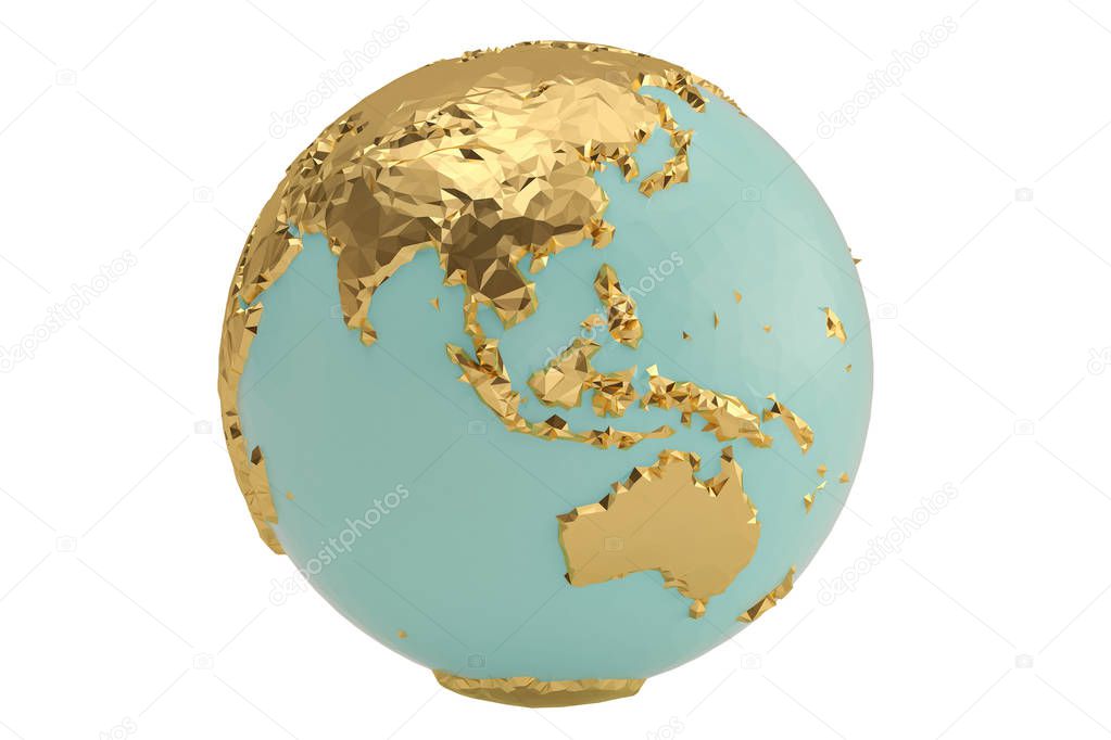 Low poly gold globe isolated on white background 3D illustration.