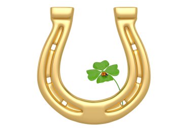 Şanslı sembolleri altın at nalı shamrock ve beyaz arka plan üzerinde 3d illüstrasyon izole uğur böceği.