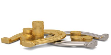 Uğur böceği altın para yığınları ve beyaz arka plan üzerinde 3d illüstrasyon izole at nalı.