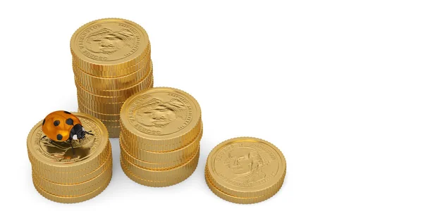 Lieveheersbeestje Gold Coin Stapels Geïsoleerd Een Witte Achtergrond Illustratie — Stockfoto