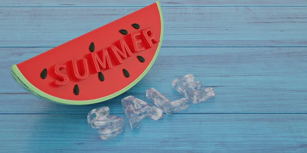Wassermelonenscheibe Mit Sommer Slae Text Auf Holztafel Illustration — Stockfoto