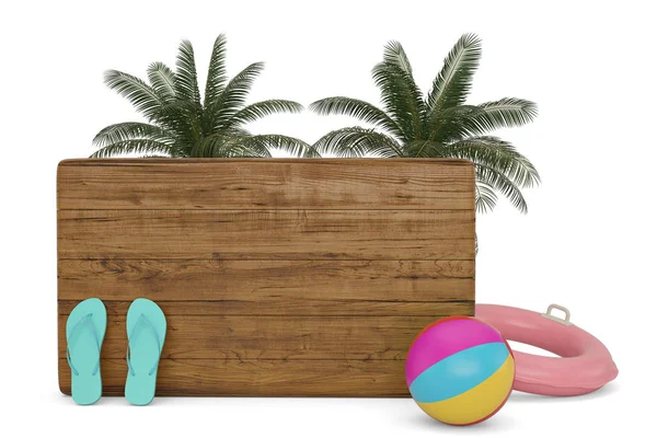 Plateau Bois Avec Accessoires Plage Isolé Sur Fond Blanc Illustration — Photo