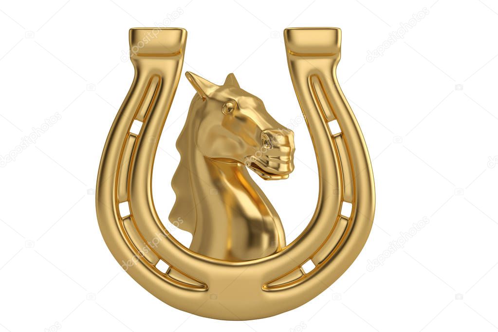 Golden horse head in golden horseshoe isolated on white background 3D illustration.