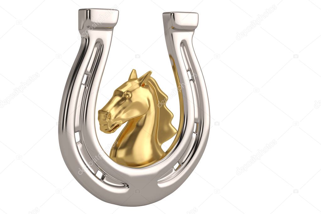 Golden horse head in silver horseshoe isolated on white background 3D illustration.