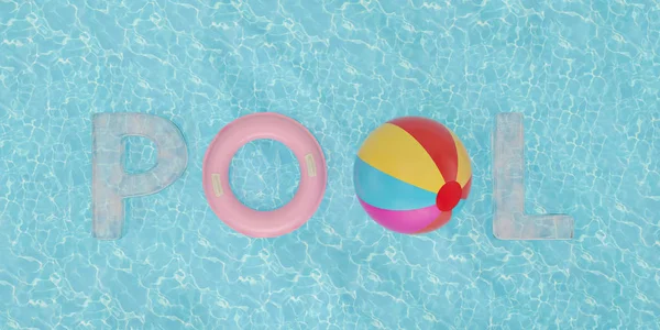 Inflatable ring and pool word on blue water 3D illustration.