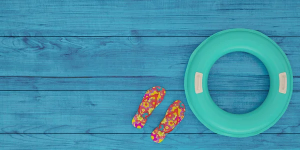 Inflatable Ring Flip Flop Blue Wooden Board Illustration — Stock Photo, Image