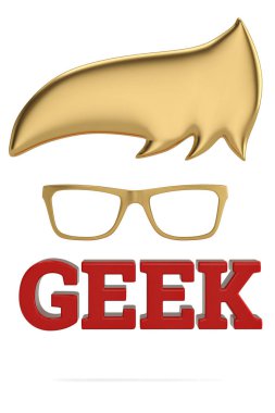 Beyaz arka plan üzerinde 3d illüstrasyon izole gözlük ve geek logosu.