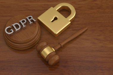 Tören çekiç ve Gdpr sembolü 3d çizim.