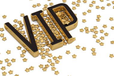 Beyaz arka plan 3d çizim üzerinde altın kelime VIP altın yıldız ile izole.