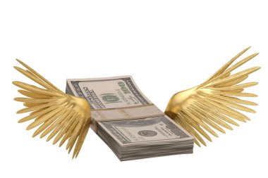 Bir yığın dolar altın kanatlı beyaz arka plan üzerinde 3d illüstrasyon izole.