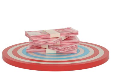 Beyaz arka plan üzerinde 3d illüstrasyon izole hedef ile para faturaları.