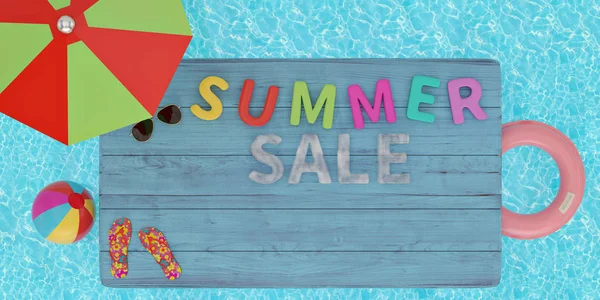 Sonnenbrille Und Sommerschlussverkauf Auf Blauem Holzbrett Illustration — Stockfoto