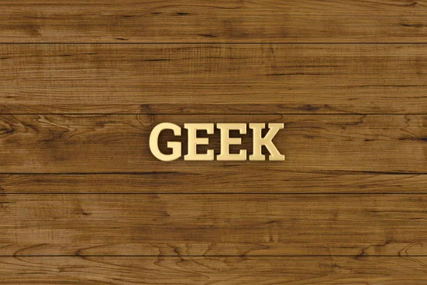 Golden geek logo on wood board 3D illustration.