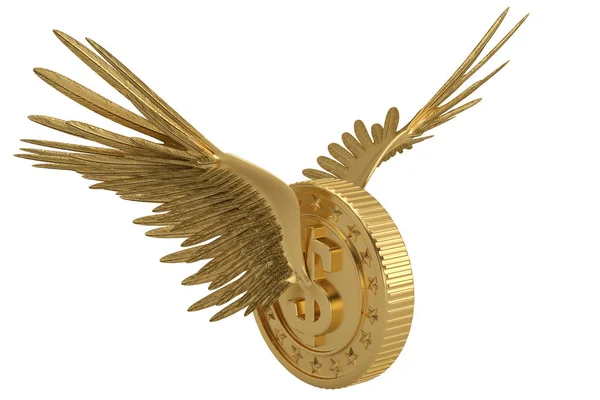 Zlatá Mince Zlatými Křídly Létající Mince Izolované Bílém Pozadí Ilustrace — Stock fotografie