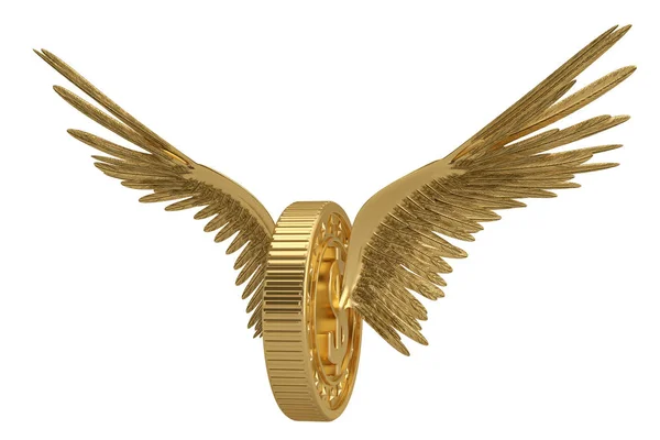 带有金色翅膀的金币 独立于白色背景3D插图 — 图库照片
