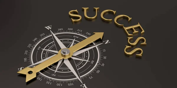 Compass with gold success on black background 3D illustration.