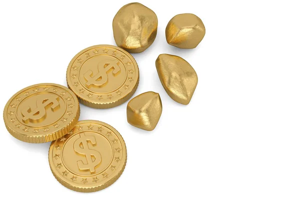 Ψήγματα Χρυσού Και Νομίσματα Που Απομονώνονται Λευκό Φόντο Απεικόνιση — Φωτογραφία Αρχείου