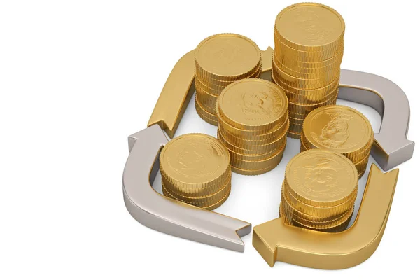 Gouden Munten Stapels Met Pijl Geïsoleerd Een Witte Achtergrond Illustratie — Stockfoto