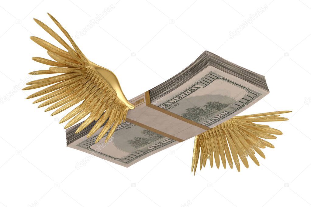 A stack of dollars with gold wings isolated on white background 3D illustration.