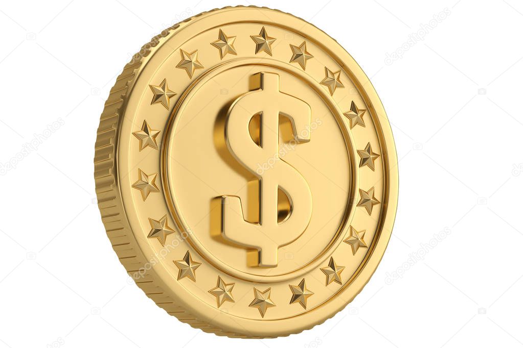 Gold big coin isolated on white background 3D illustration.