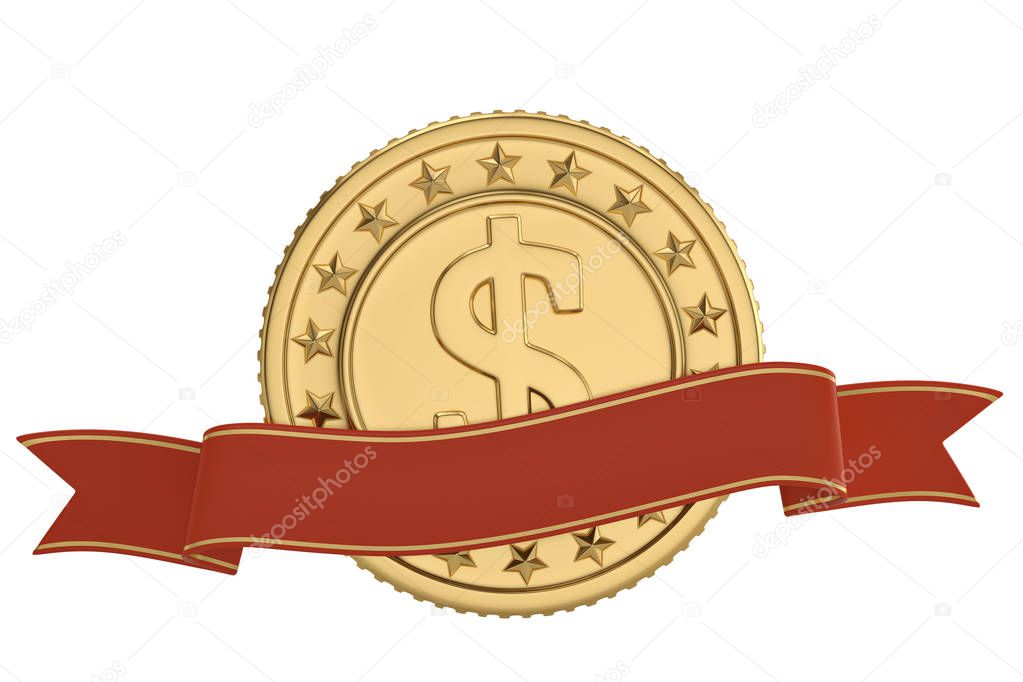 Gold big coin and ribbon isolated on white background 3D illustration.