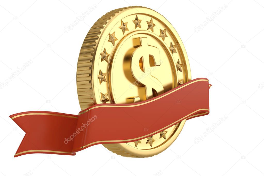 Gold big coin and ribbon isolated on white background 3D illustration.