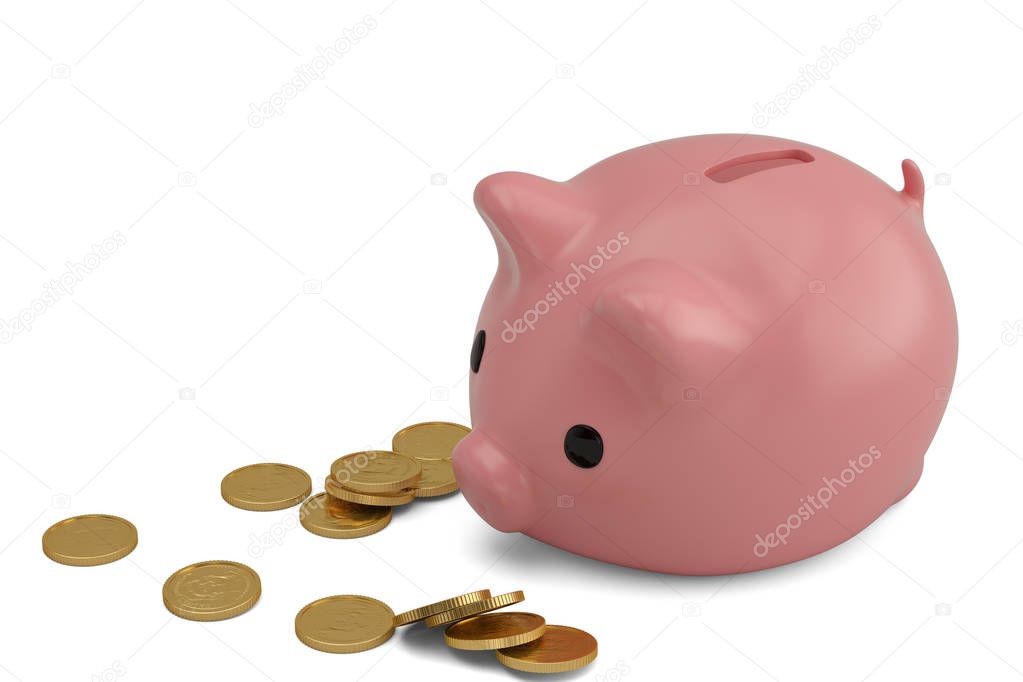Piggy bank and gold coins isolated on white background 3D illustration.