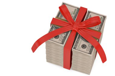 Beyaz arka plan üzerinde 3d illüstrasyon izole kırmızı yay Hediyelik konsepti ile dolar paketleri.