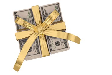 Beyaz arka plan üzerinde 3d illüstrasyon izole Altın Yay Hediyelik konsepti ile dolar paketleri.