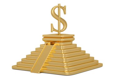 Beyaz arka plan üzerinde 3d illüstrasyon izole altın piramit ve para birimi simgesi.