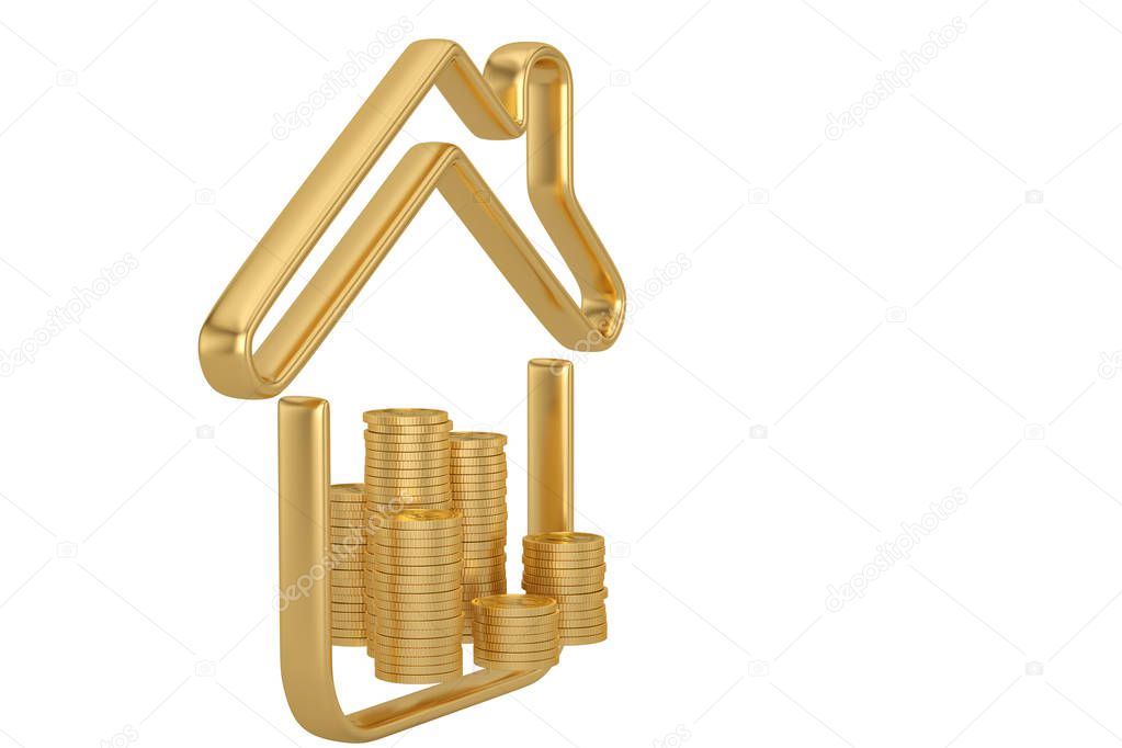 House line icon and coin stack isolated on white background 3D illustration.