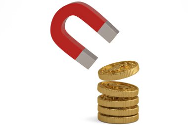 Beyaz arka plan üzerinde 3d illüstrasyon izole paralar ile yaratıcı mali kavramı mıknatıs.