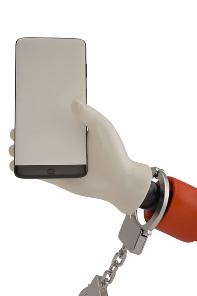 Cartoon Hand Met Smartphone Met Handboeien Geïsoleerd Een Witte Achtergrond — Stockfoto