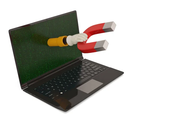 Laptop Wychodzi Rękę Magnesem Białym Tle Ilustracji Tle — Zdjęcie stockowe