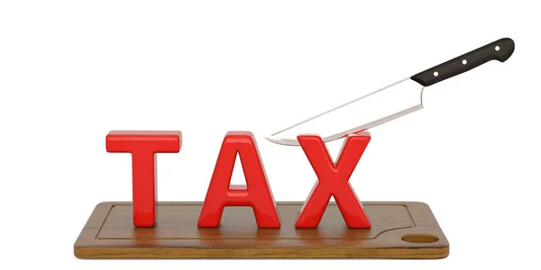 Impuestos Palabra Cuchillo Corte Impuestos Concepto Aislado Sobre Fondo Blanco — Foto de Stock