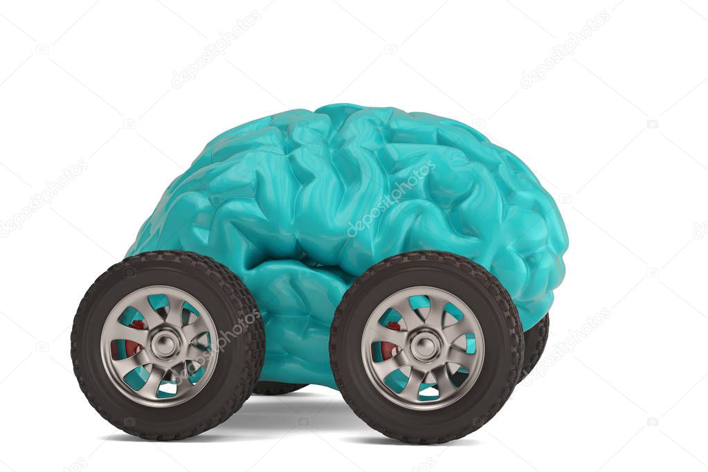 Creative illustration brain with wheels isolated on white background 3D illustration.