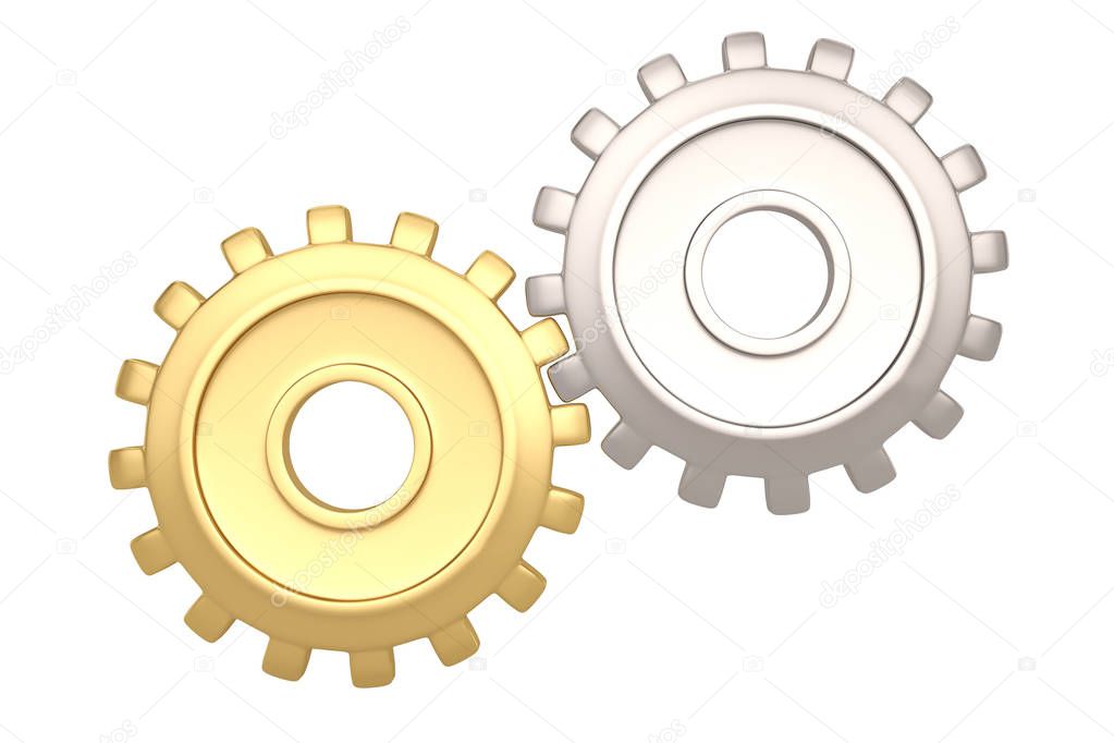 Gold gear and steel gear on white background. 3D illustration.