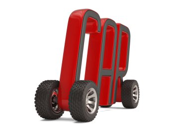 Yaratıcı konsept araba kelime beyaz arka plan üzerinde 3d illüstrasyon izole tekerlekli