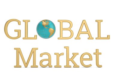 Beyaz arka plan üzerinde 3d illüstrasyon izole altın küresel pazar kelime.