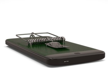 Bir akıllı telefon ve siyah arka plan üzerinde 3d illüstrasyon izole fare kapanı