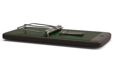 Bir akıllı telefon ve siyah arka plan üzerinde 3d illüstrasyon izole fare kapanı.