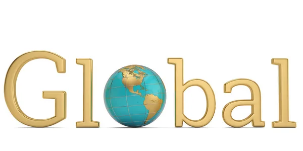 Palavra Global Dourada Globo Isolado Fundo Branco Ilustração — Fotografia de Stock