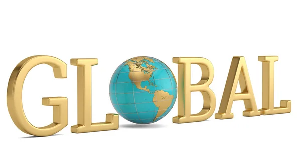 Золотое Глобальное Слово Глобус Изолированы Белом Фоне Иллюстрации — стоковое фото