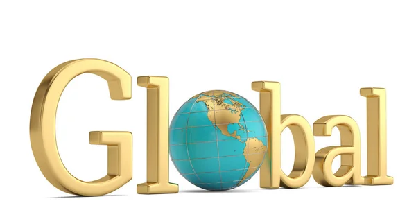 Goldene Globale Wort Und Globus Isoliert Auf Weißem Hintergrund Illustration — Stockfoto