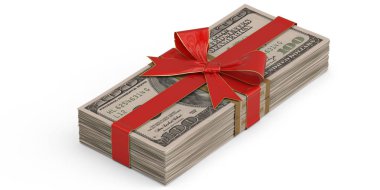 Şerit ve yay ile beyaz arka plan üzerinde 3d illüstrasyon izole doları yığını.